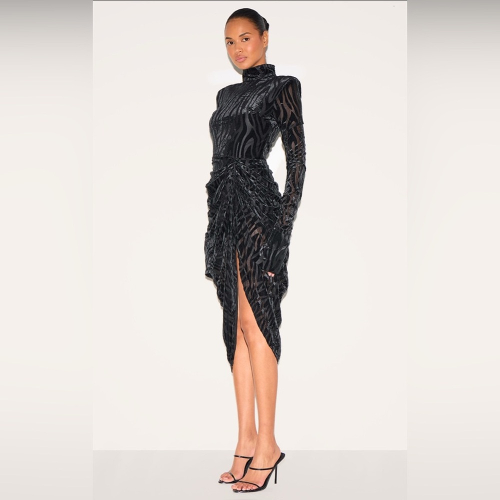 PLT Black Zebra Devore High Neck Draped Midi Dress